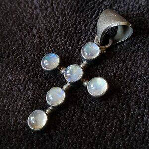 Sterling Silver Cross Pendant With Rainbow Moonstone Cabochons